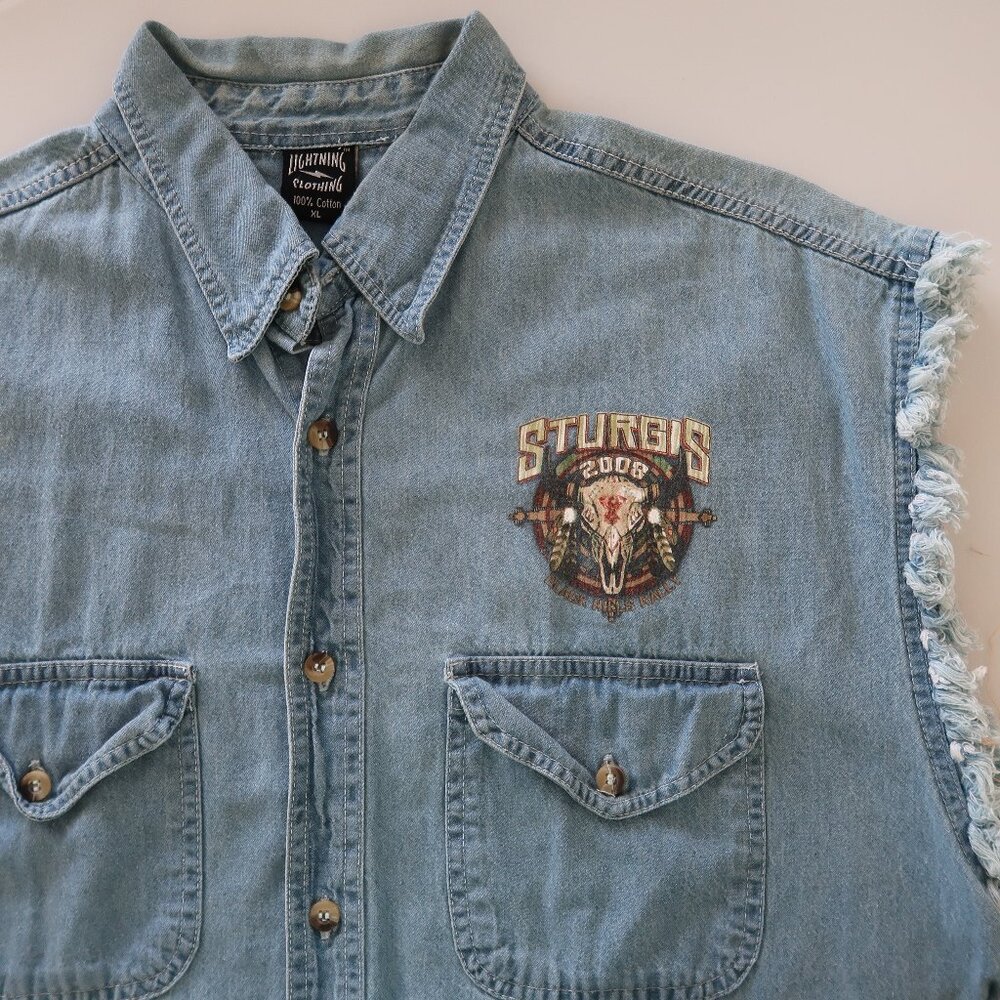 Sturgis Shirt Mens XL Blue Denim Sleeveless 2008 Black Hill Rally Button Up